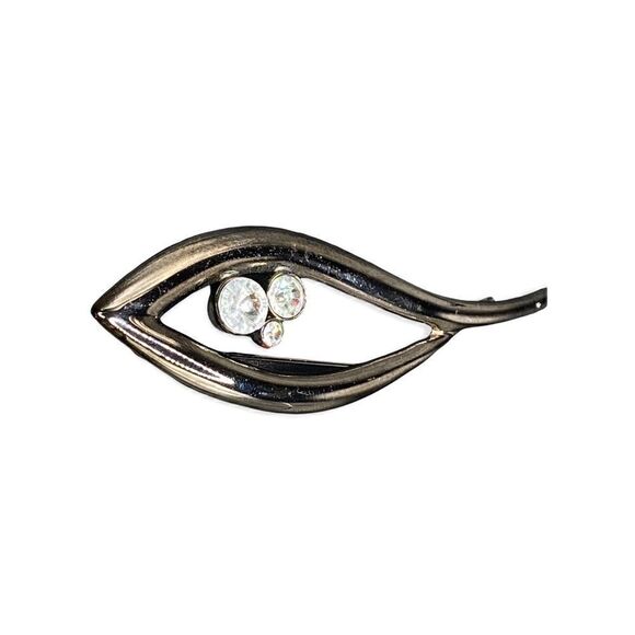 Black metal eye shaped brooch with 3 rhinestones intact - Picture 8 of 10